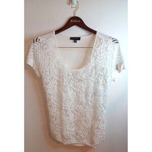 Karen Kane Pullover Top XL White Sheer Furry Knit Shortsleeve Scoop Neck Lined